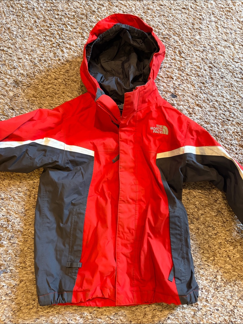 The North Face Kids Red and Gray Hooded Rain Jacket